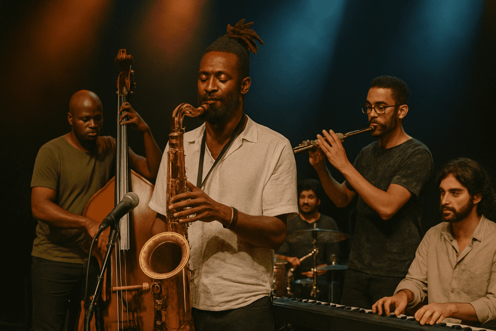 Le musicien Shabaka Hutchings en concert avec son groupe, jouant du saxophone sur scène.