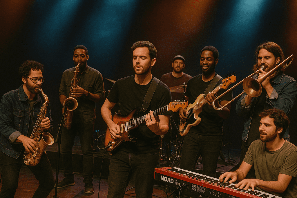 Le groupe Snarky Puppy en concert, musiciens jouant guitare, basse, clavier et trombone.