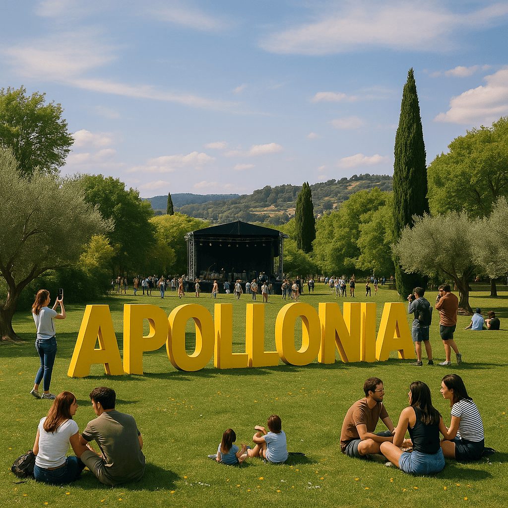 Installation artistique géante "Apollonia" dans le parc Jourdan à Aix-en-Provence pendant le festival, avec des festivaliers assis dans l'herbe